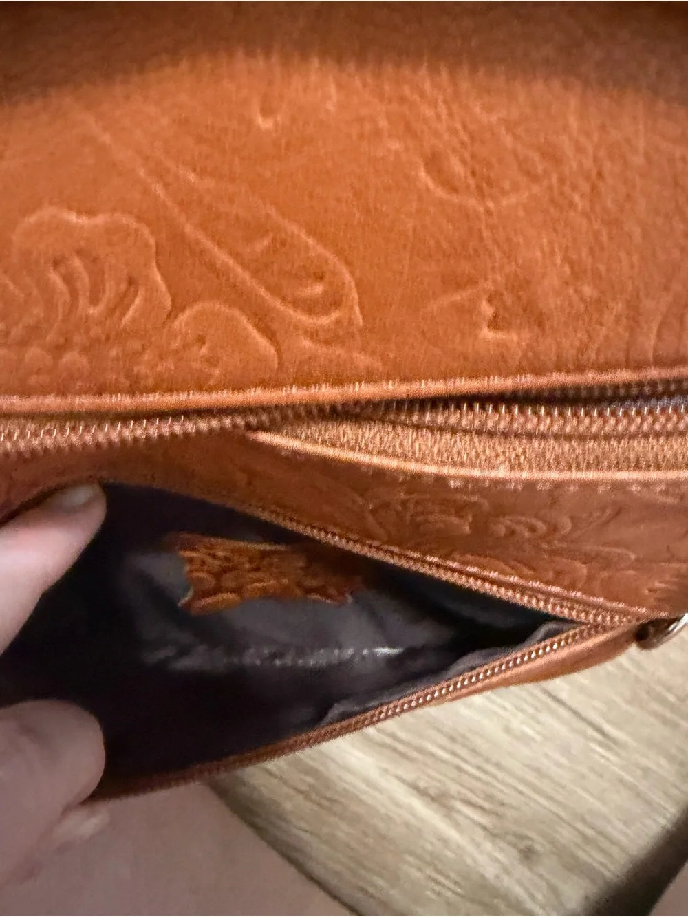 Tan Embossed Leather Sling Bag